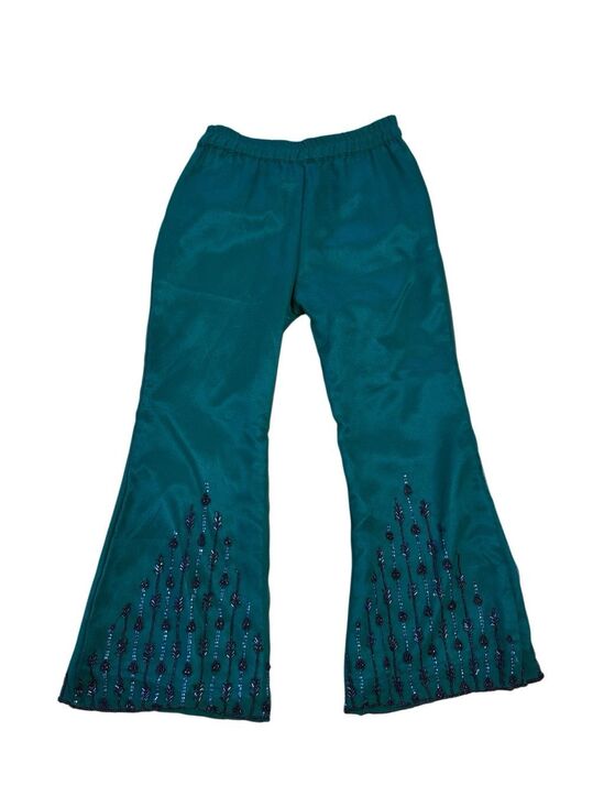 Vintage Pants - 60s Vintage Green Embroidered Flare Tulle Pull on Pants XS
